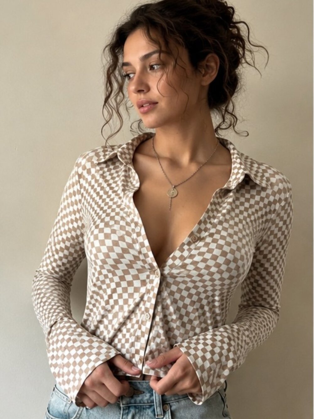 Abercrombie & Fitch Checkered Button Up Top Medium Y2K Baby Tee Long Sleeve